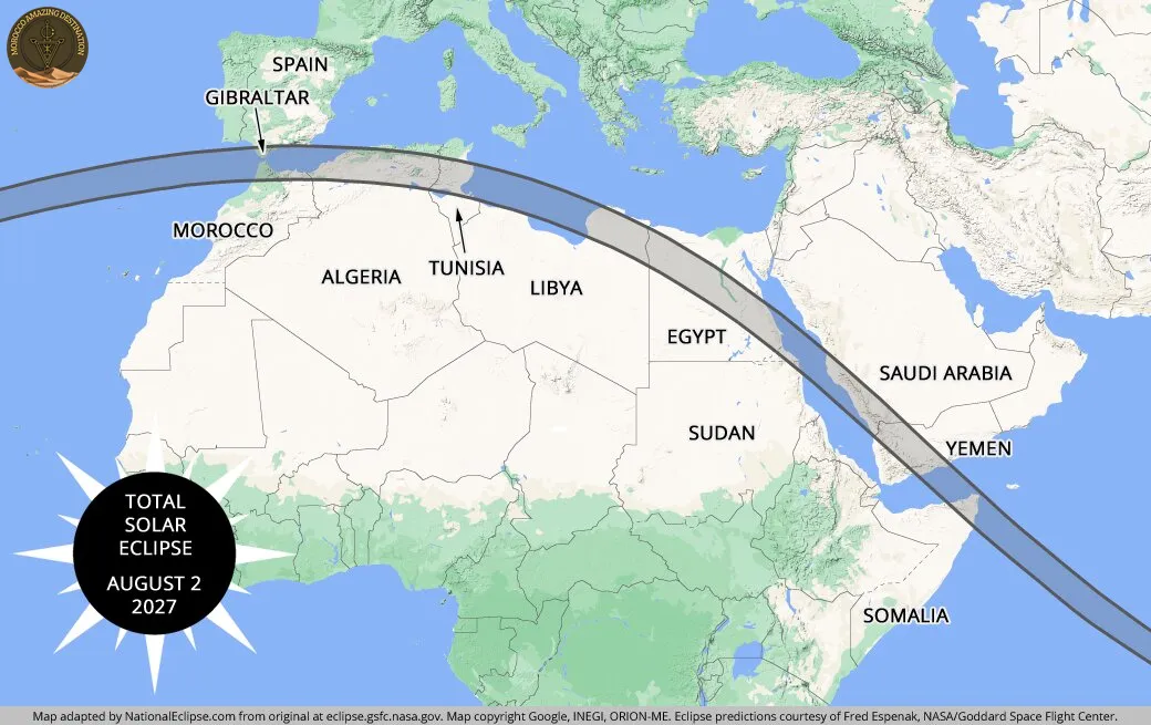 Map of the August 2, 2027 total solar eclipse path across Europe, Africa and the Middle East