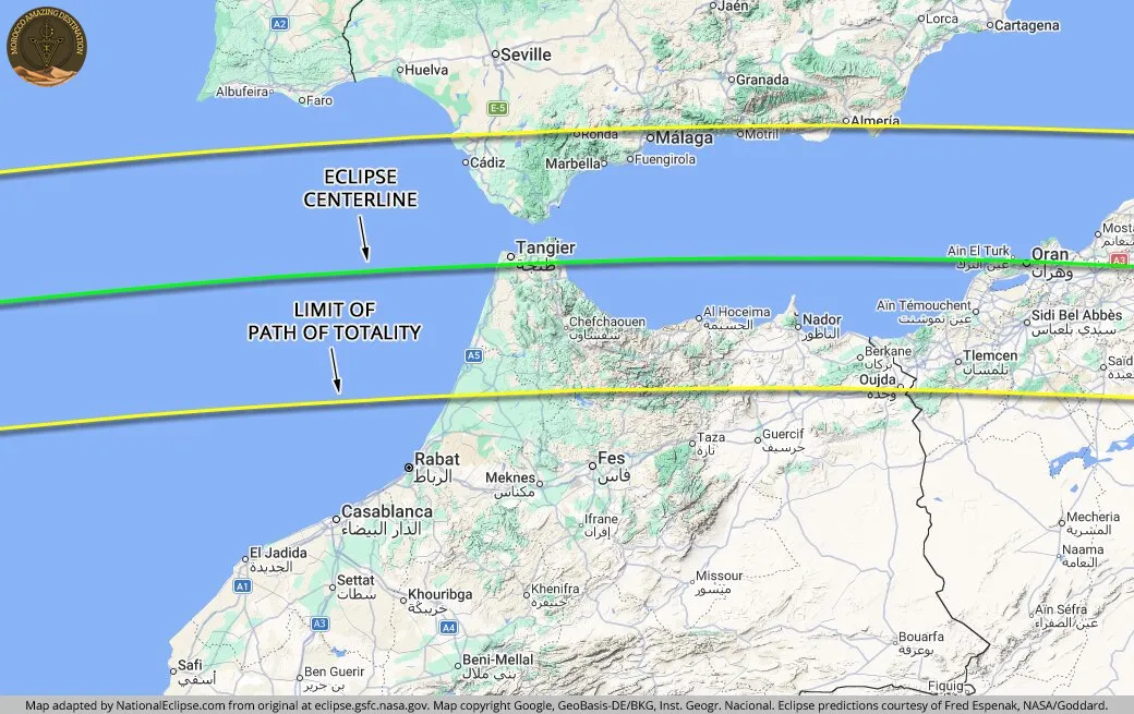 Map of the 2027 total solar eclipse path of totality across northern Morocco