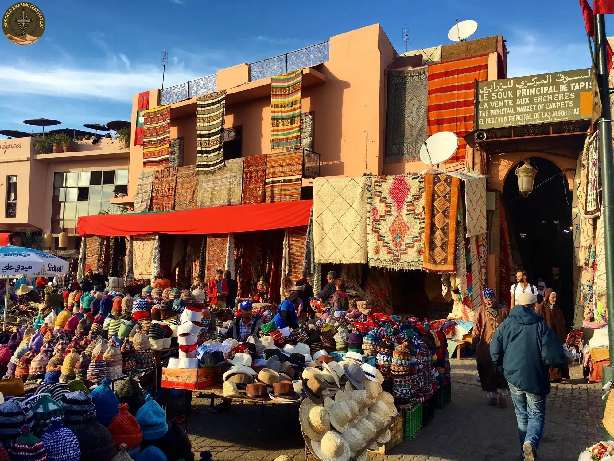 Spice and produce stalls in Marrakech souk